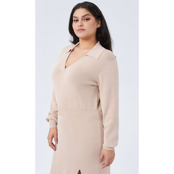 Cider Curve Beige Knit Dress, V Neck, Front Split, Long Sleeve, NWT, 1XL - Picture 4 of 4